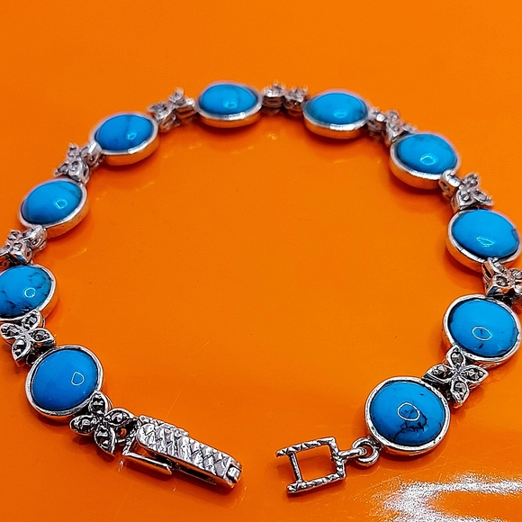 Stabilized Natural Turquoise 8mm & Marcasite 925 Sterling Silver Bracelet 7" - Picture 3 of 10